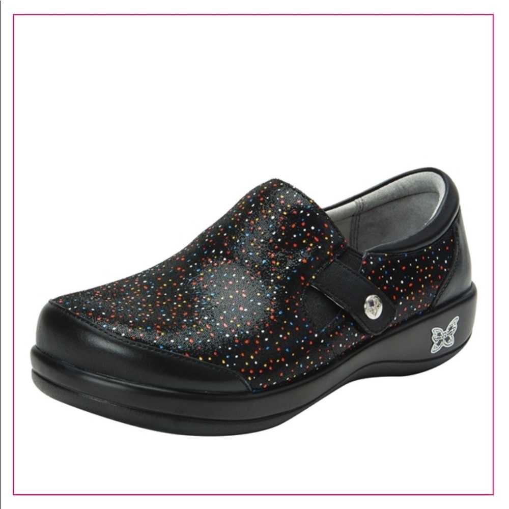 New Alegria Paityn Sprinkles Black polka dot shoe flat size  36 white black red